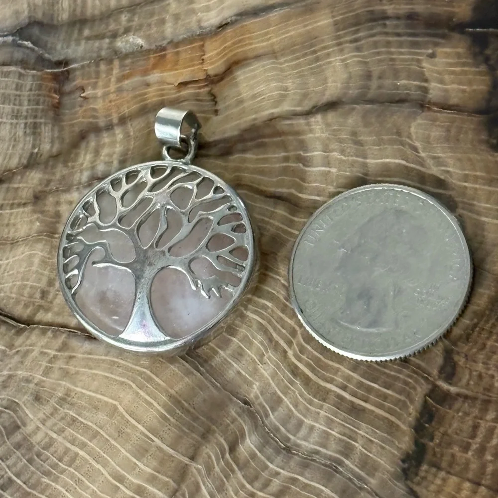Rose Quartz Silver Tree of Life Pendant Necklace